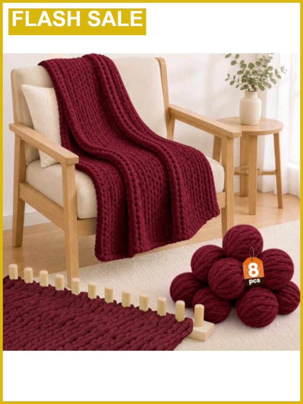 Chunky Chenille Yarn 8 Skein Pack with 50" Wooden Loom Kit, Super Thick Fluffy